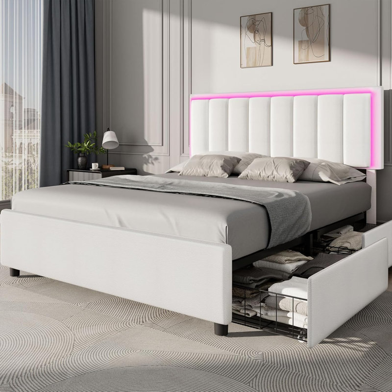 Upholstered Bed Frame with 4 Storage Drawers,LED Headboard,Heavy Duty Wood Slat Support, Full, White