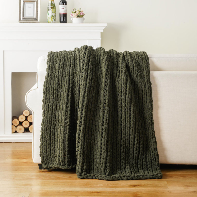 Jeté épais en tricot, jeté doux et épais en chenille, jeté en tricot fait à la main 50 po x 60, Vert olive