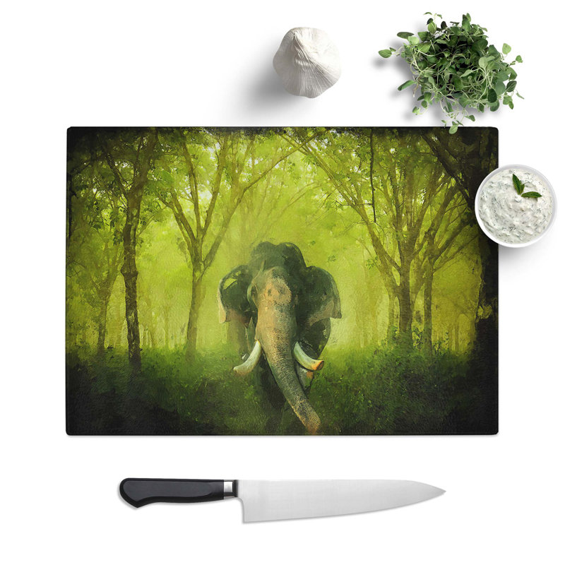 Glass Marvellous Elephant in A Green Forest in Abstract Chopping Board, 28.5 cm W x 20 cm L