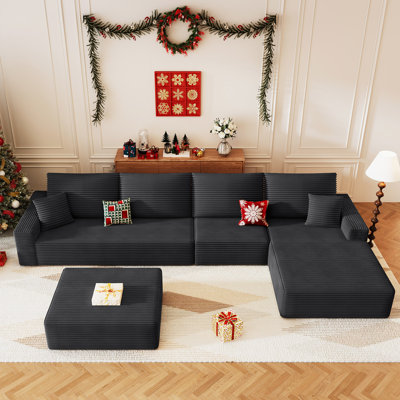 Canapé modulaire en forme de U de 136 po avec velours côtelé moelleux et sièges en mousse à mémoire de forme profonde avec 1 repose-pieds pour le salon, sans assemblage requis Blanc