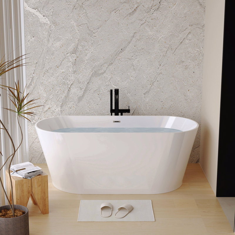 55" Acrylic Freestanding Bathtub, Stand Alone Soaking Tub, Glossy White Acrylic, Toe-Tap Chrome Drain