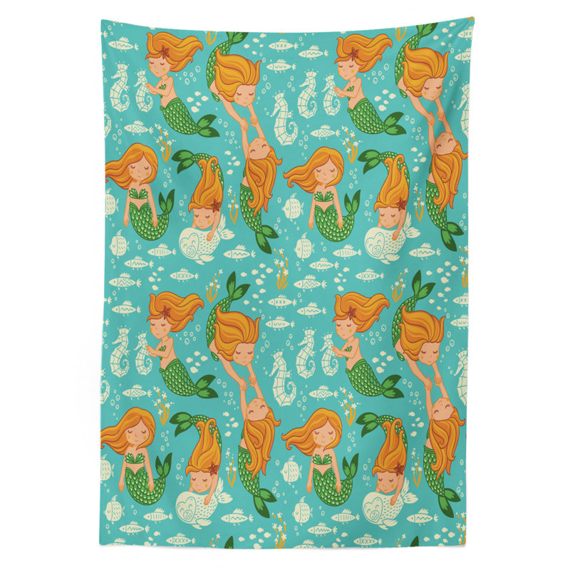 Ambesonne Underwater Tablecloth, Underwater World Little Mermaid Girls Friends Seahorse Fish Shells, Rectangular Table Cover For Dining Room Kitchen Decor, 52" X 70", Turquoise Marigold Green