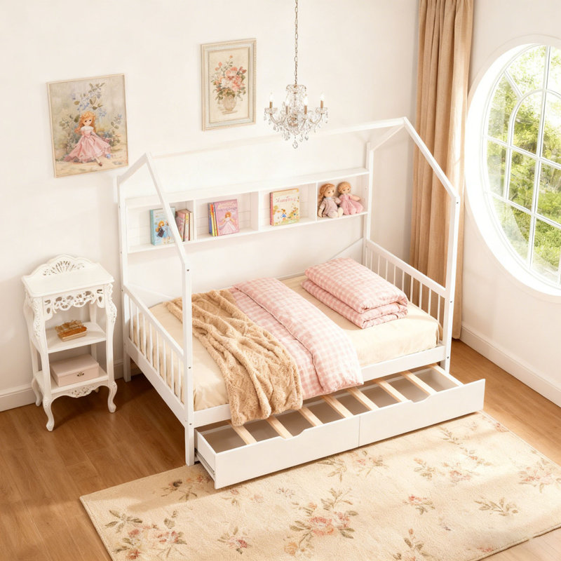 House Bed with Trundle,Kids Bed with Shelf, Twin