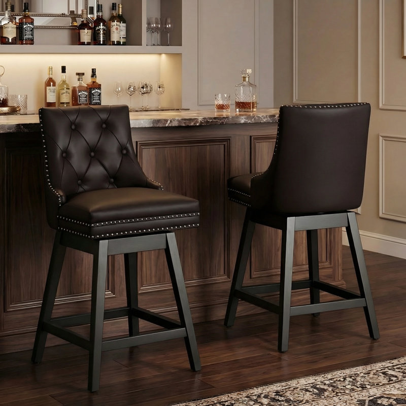 Tabouret de bar rembourré et pivotant avec garniture cloutée et structure en bois massif (ensemble de 2), Espresso