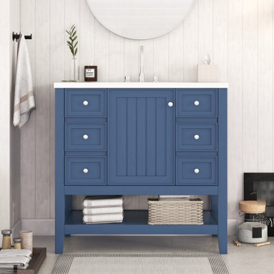 Meuble-lavabo de 36 po de couleur bleue, utilisant du bois massif et, avec une armoire, trois tiroirs, un lavabo en céramique blanche - finition peinte, style moderne, autoportant, lavabo simple encastré, acier inoxydable