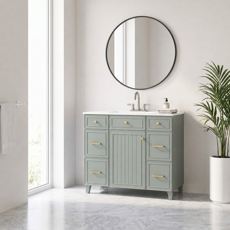Meuble-lavabo autoportant de 91 cm de largeur avec tiroirs profonds et dessus en céramique, Vert