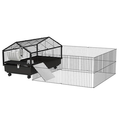 Small Animal Cage with Foldable Run Area, Rolling Bunny Cage, Guinea Pig Cage, Hedgehog Cage with Water Bottle, Water Bowl, and Ramps, 46.5"