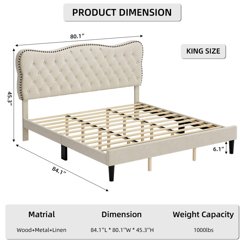 Lit plateforme tapissier Divja, Beige, Très grand