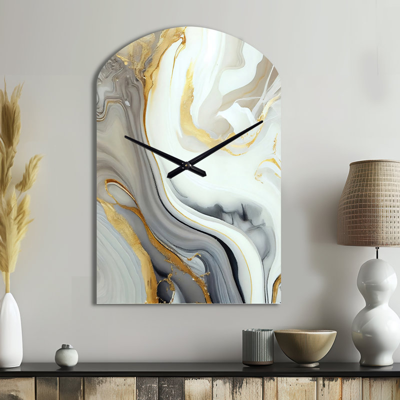 Horloge murale en marbre blanc et or abstrait III, Grand