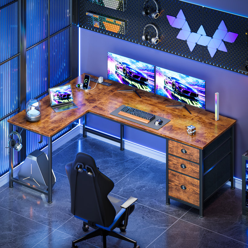 Bureau d'ordinateur en L avec prises de courant et tiroirs de rangement, bureau de jeu réversible pour bureau personnel
