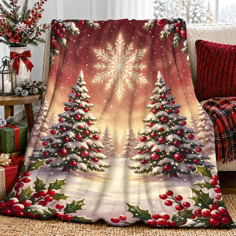 Couverture jetée motif paysage d'hiver et sapins de Noël, 76 x 102 cm. Livrée avec deux taies d'oreiller (garnitures non comprises).