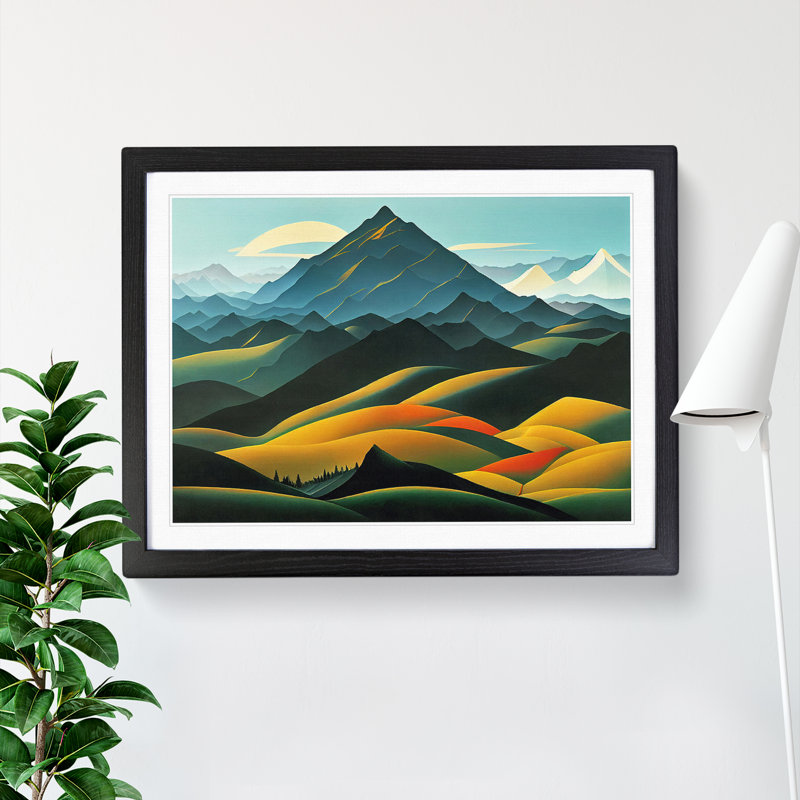 XH1022-7264X Quirky Mountain Landscape - Single Picture Frame Print, Black Framed, 46cm H x 64cm W x 2cm D