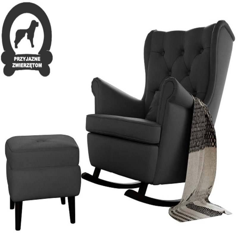 Lutherville Velvet Wingback Chair with Footstool, Fargotex Zoya 10 DK Gray
