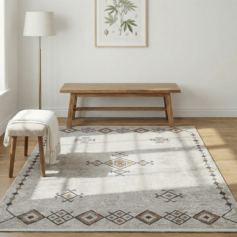 Tapis à motif géométrique marocain beige Thambiah, Rectangle 3 pi 4 po x 6 pi 7 po