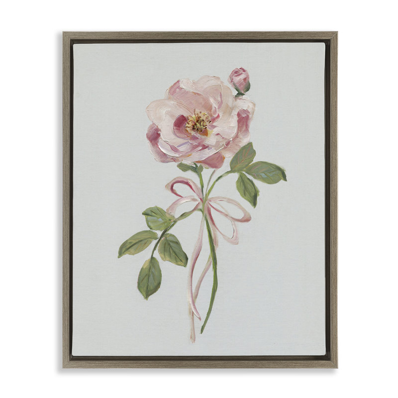 Bouton de rose rose avec ruban, H 31 po x l 25 po, Cadre flottant orme Montalcino