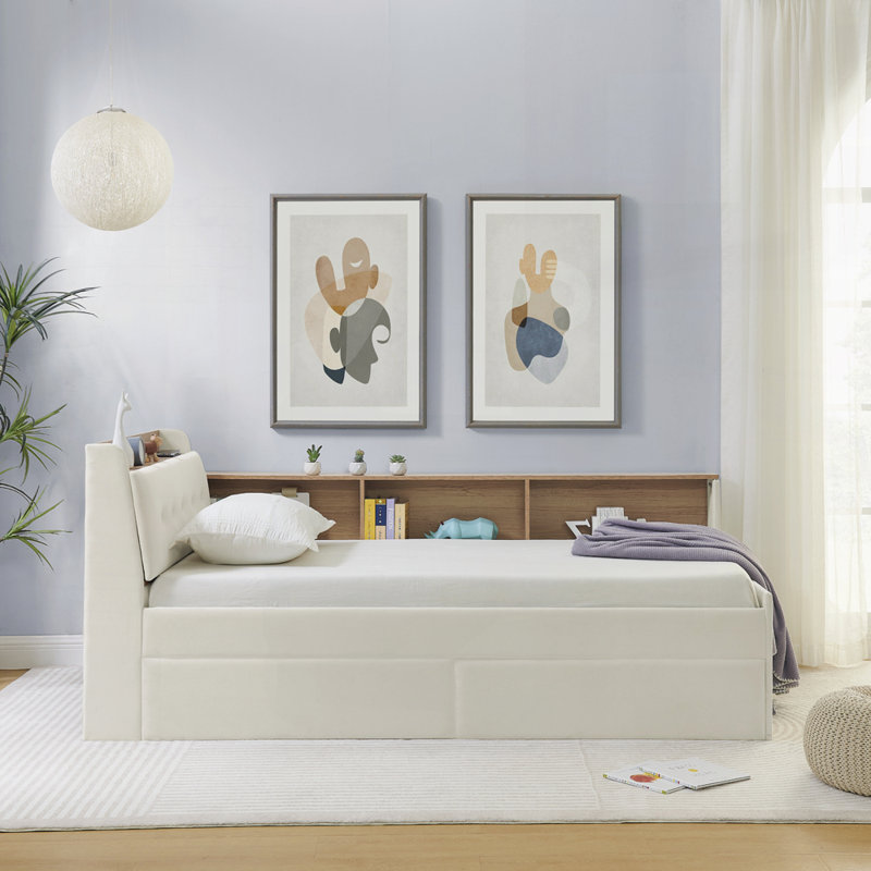 Upholstery Velvet Day Bed with Storage Headboard and Wireless Charging, Multi-functional Daybed with Two Storage Drawers and LED Lights