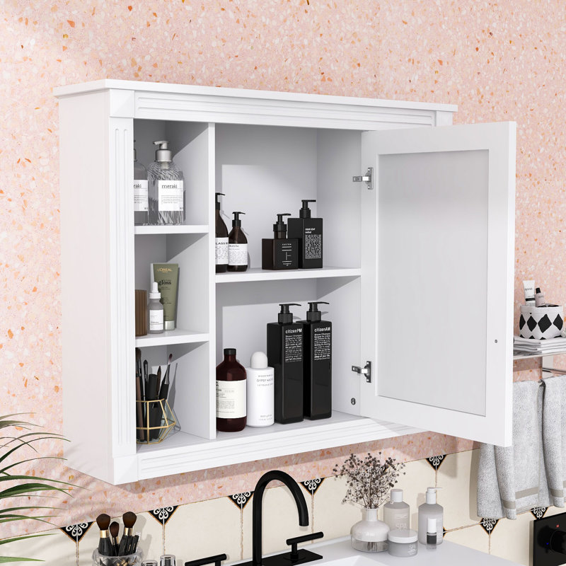 Armoire de rangement murale avec miroir et tablettes, Blanc