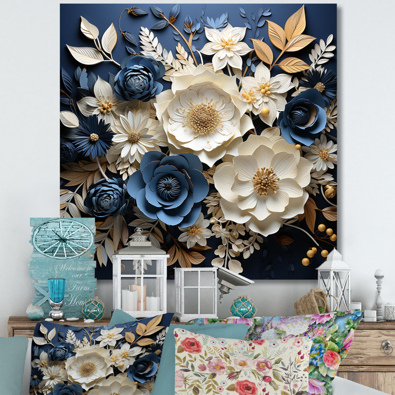 «Blue and White Seasonal Flowers Collage VI», reproduction sur toile, Toile tendue, H 36 po x l 36 po x P 1,5 po