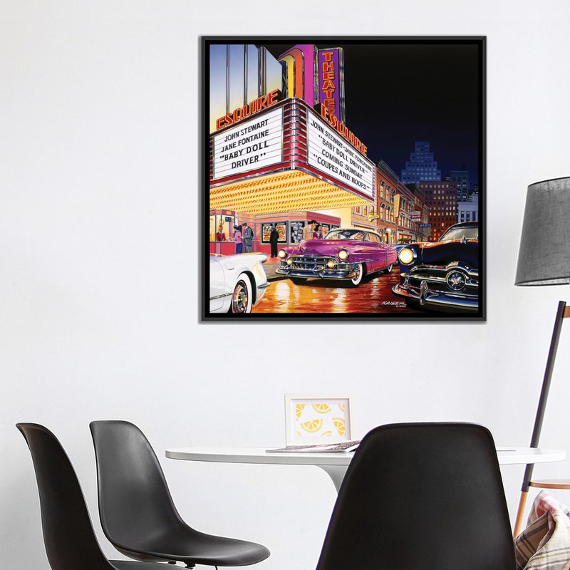 « esquire theatre », affiche rétro sur toile, H 18 po x l 18 po x P 1,5 po, Cadre noir