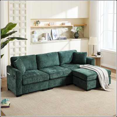 Canapé modulaire moderne en chenille avec double ports USB et banc de rangement spacieux pour repose-pieds