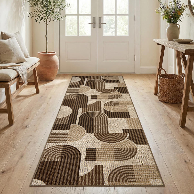 Tapis moderne lavable géométrique pour le salon, la chambre à coucher et le couloir, Brun, Runner 2' x 6'