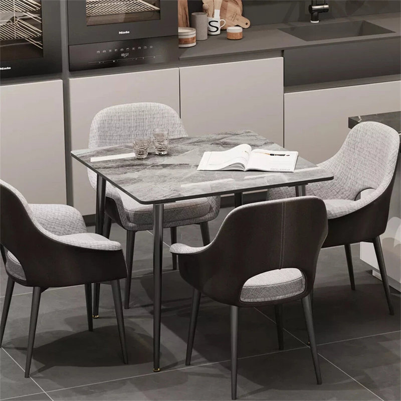 Annagh Stone Top Metal Base Dining Table, Gloss Gray, 29.9"H x 31.5" L x 31.5" W