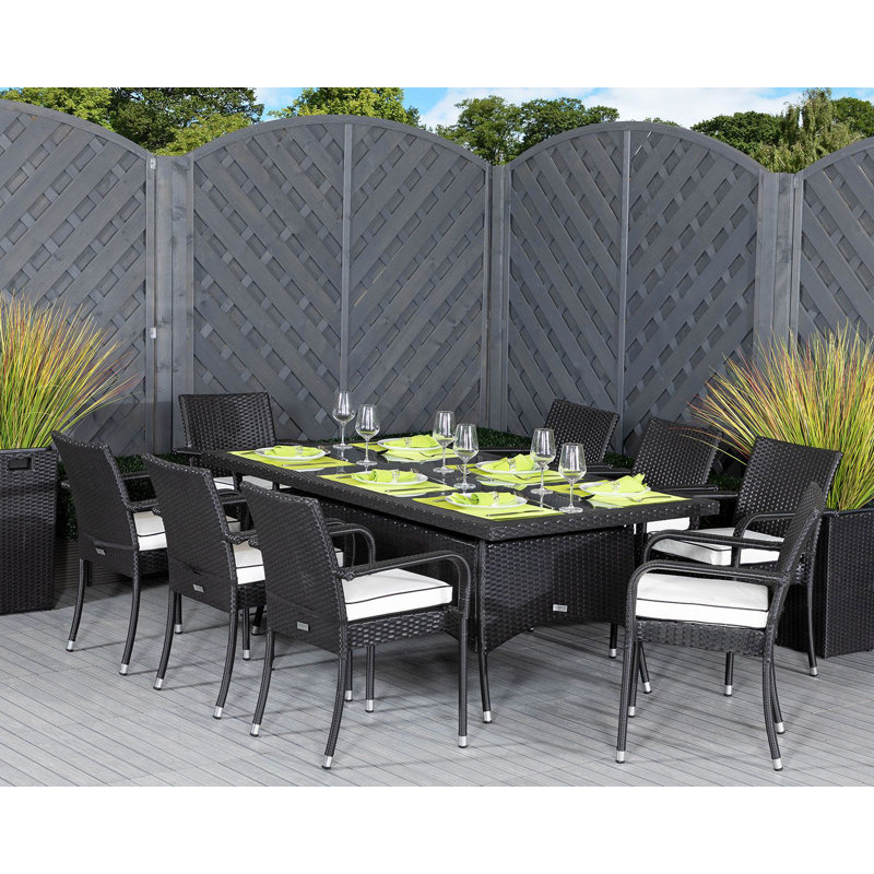 Fitzgerald 8 - Person Patio Dining Set with Rectangular Table , Cushions Included, Black/Vanilla