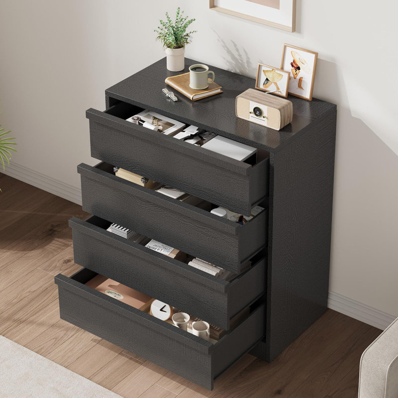 Black Wood Grain 4-Drawer Bedside Table, PB Chest with Wood Handles, Spacious Multi-Room Organizer, Black