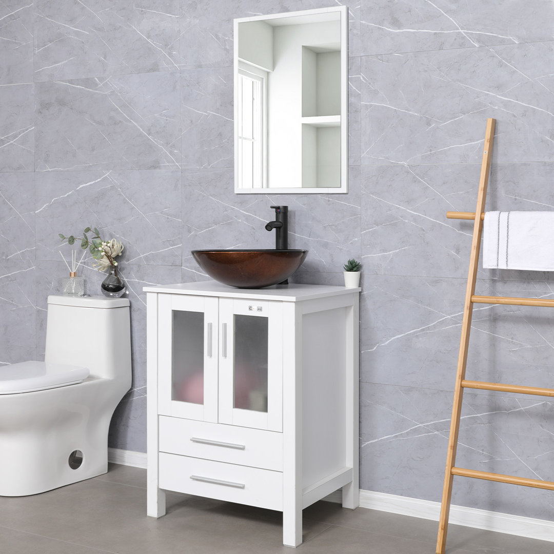 Calebe 24" Single Bathroom Vanity Set with Manufactured Wood Top, Vessel Sink, Faucet, Drain Wade Logan® Base 