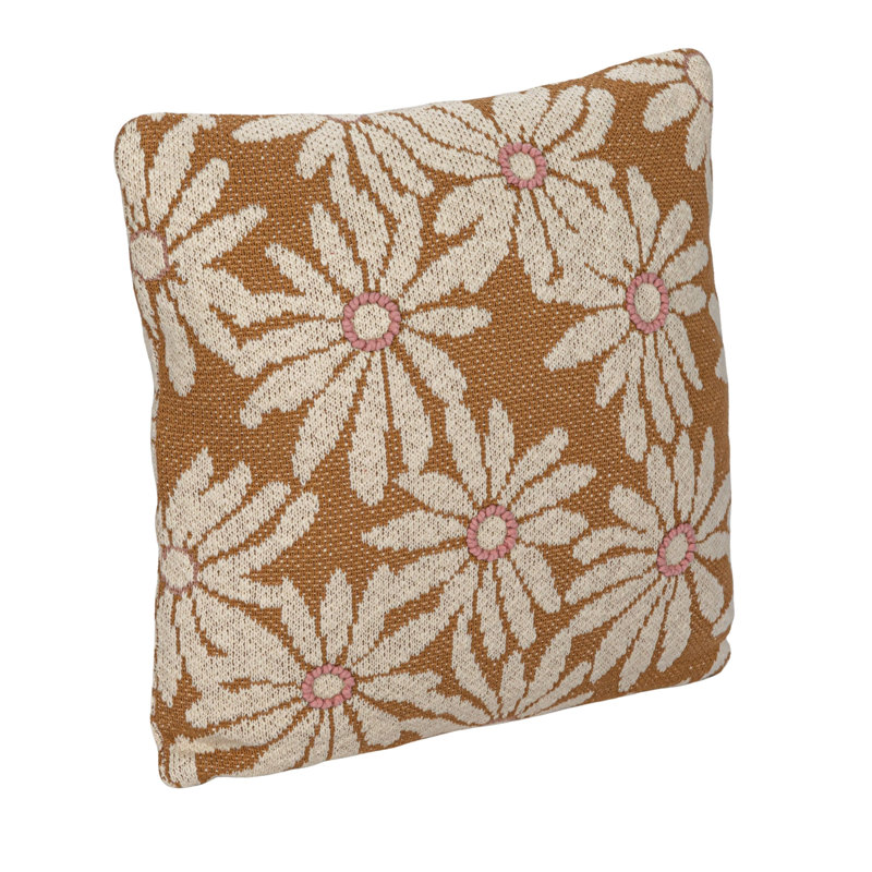 Mustard Cotton Knit Pillow with Pink Flower Appliques, 20" Square