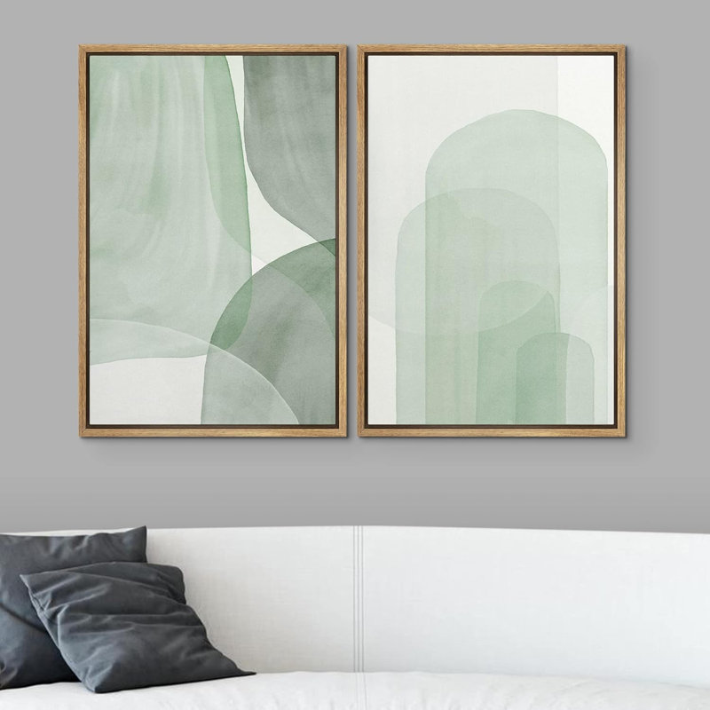 «Pastel Watercolor Green Abstract Minimalist Decor», ensemble de 2 reproductions d'art sur toile encadrées, Naturel