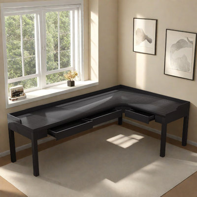 Black Solid Wood L-Shaped Desk with Drawers
