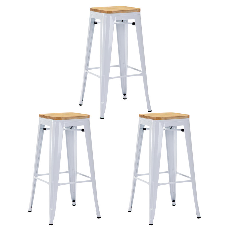 Stainless Steel Outdoor Stool, Glossy White/Light Brown