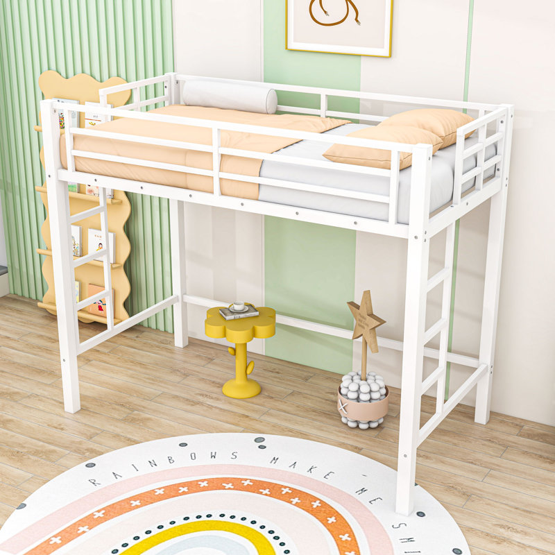 Metal Loft Bed with Guardrails, Ladder and Slats, Twin
