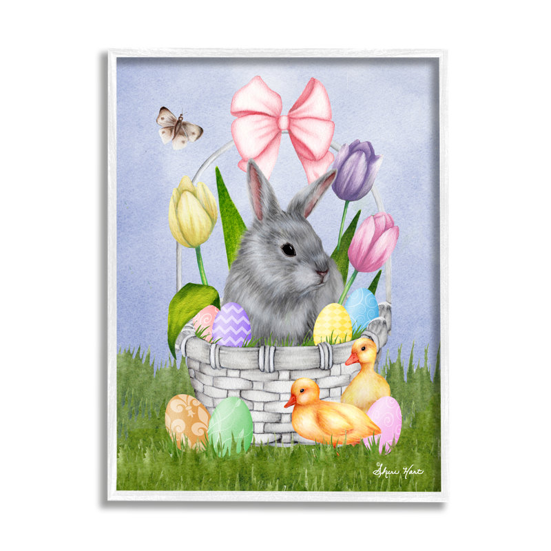 Panier de lapin pastel, Giclée encadrée blanc bord de mer, H 16 po x l 20 po