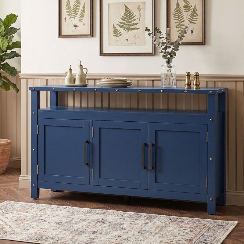 Buffet en bois à 3 portes avec tablette ouverte, pieds réglables et pied de support central, Marine