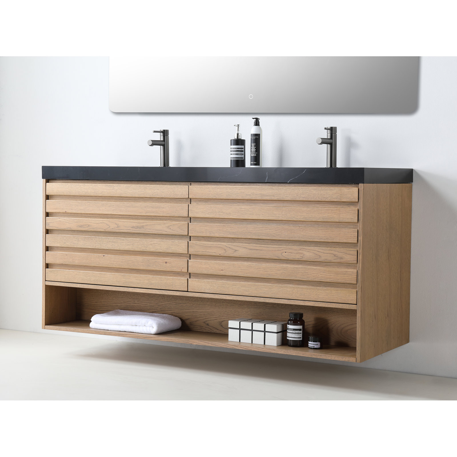 Maumelle 72" Cedar Double Bathroom Vanity, Pecan Oak, Black