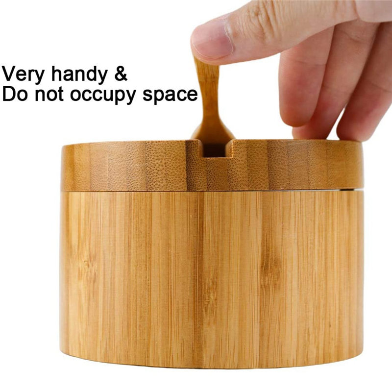 2 Pack Bamboo Seasonings Box With Spoons - Bamboo Salt Box With Lids Bamboo Pepper Spice Cellars Storage Container