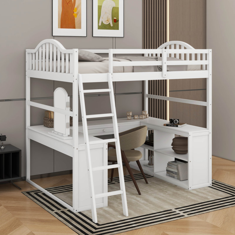 Lit mezzanine double en bois avec bureau