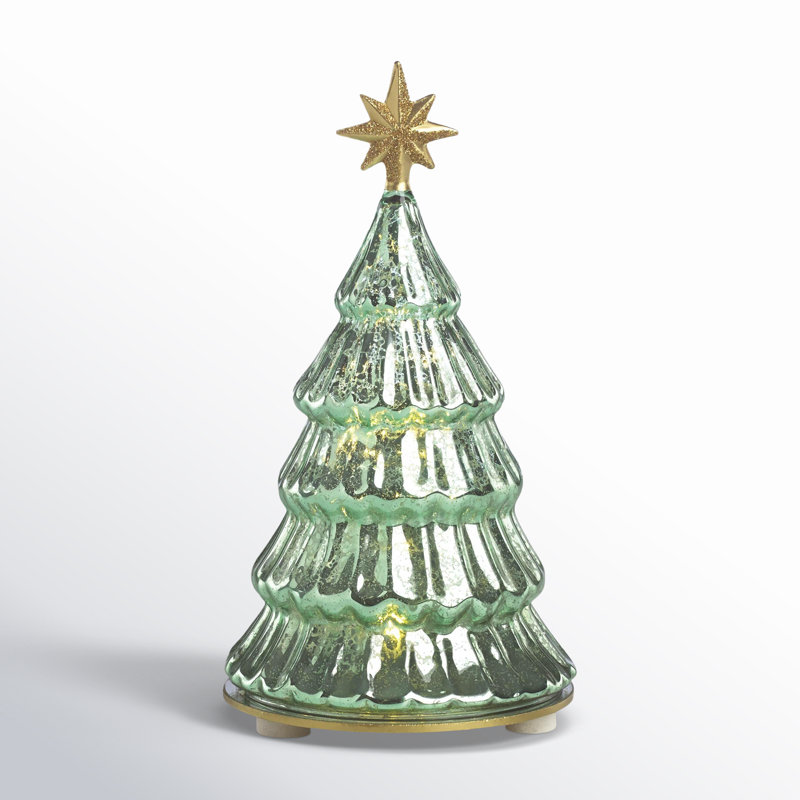 Radiant Light Green Glass Pine Tree Figurine with Golden Star