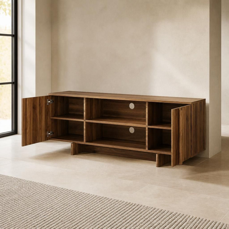 Meuble télé et rangement de style ferme moderne du milieu du siècle – Centre multimédia avec gestion des câbles, portes doubles, étagères ouvertes, compatible avec les téléviseurs jusqu'à 48 pouces, grand espace de rangement