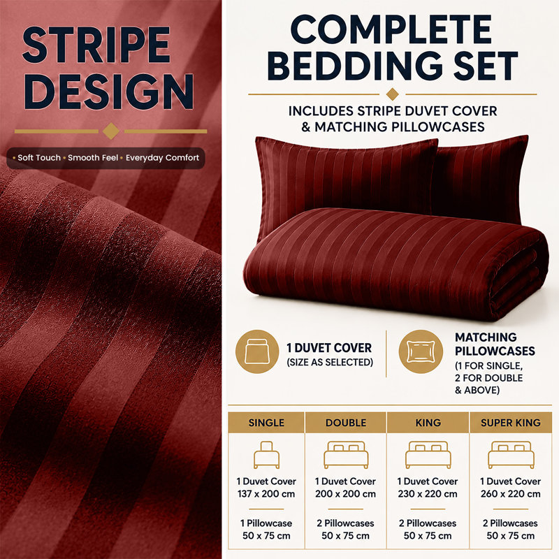 Microfiber Striped Duvet Cover Set with Pillowcases Included, Double Duvet Cover Set + 2 Standard Pillowcases, Burgundy