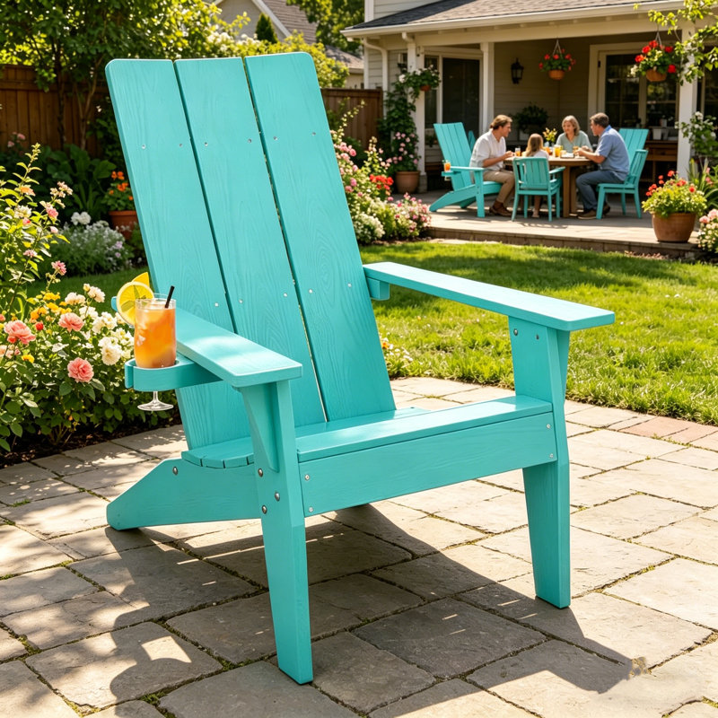 Fauteuil Adirondack d'extérieur surdimensionné Harlean, résistant aux intempéries, avec porte-gobelet rétractable, fauteuil de patio moderne en plastique/résine, fauteuil de foyer pour patio, cour arrière, terrasse, jardin, bord de piscine, capacité de poids de 450 lb (bleu Aruba)