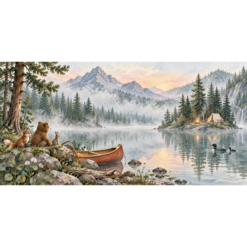 Canoe Lake Wallpaper Mural, Peel and Stick Kids Room Wall Mural, Watercolor Camping Nursery Wallpaper, 152 x 102 cm