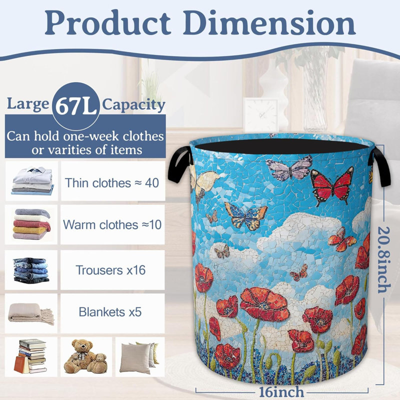 Flowers Laundry Basket,Foldable Waterproof Oxford Cloth Tote Bag Butterfly Laundry Hamper With Handles Clothes Storage Bucket Organizer For Laundry Room, Bathroom, Bedroom