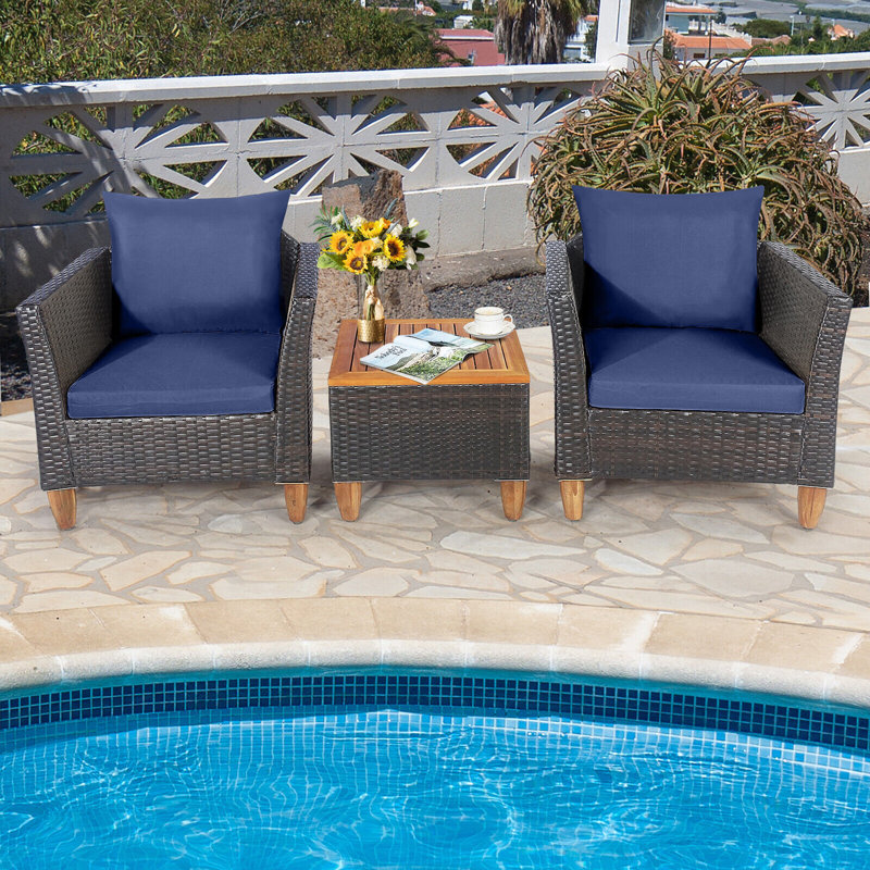 Antun Acacia 2 - Person Patio Conversation Set with Cushions, Mix Brown Frame/Navy Cushion