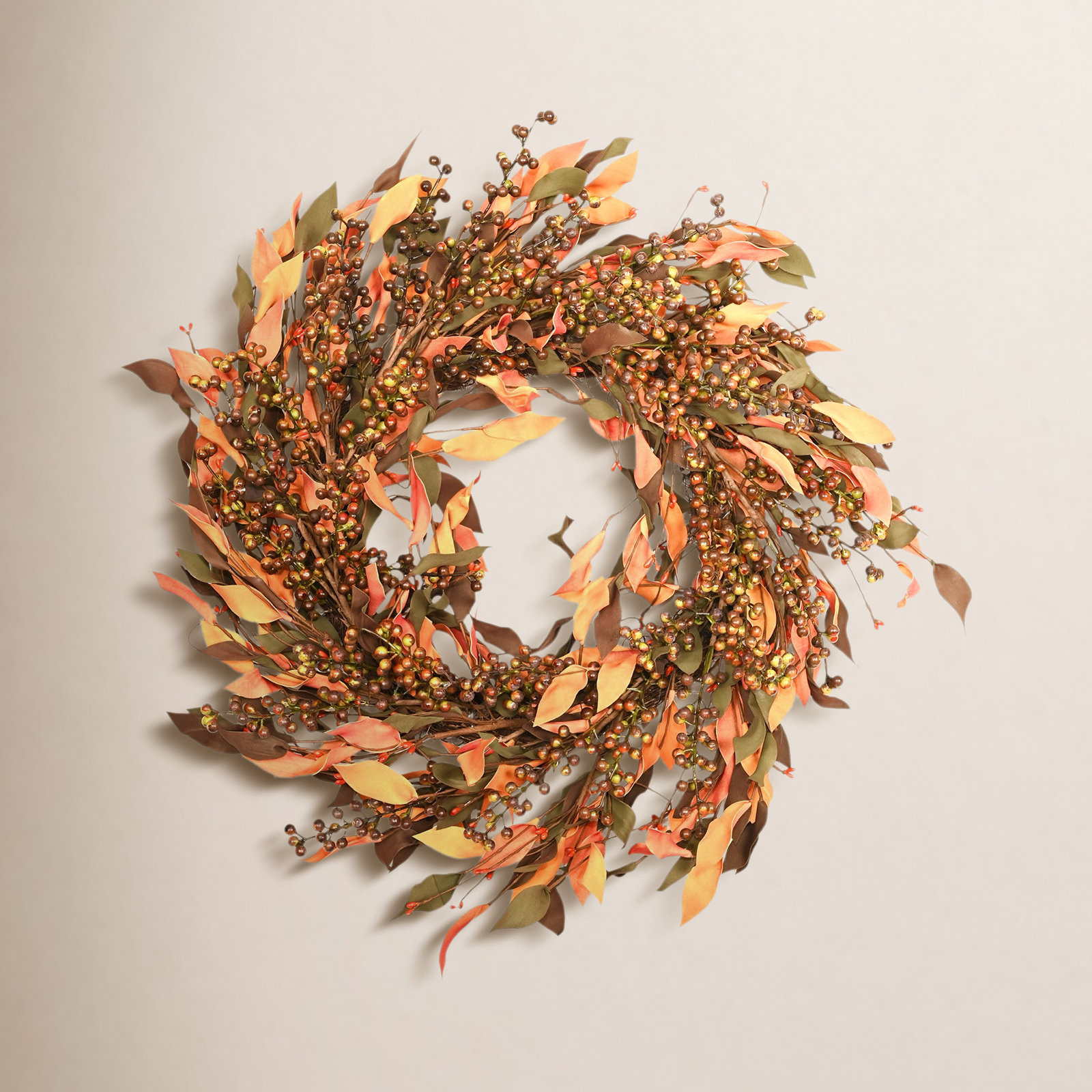 24" Artificial Farmhouse Fall Harvest Thanksgiving Day Foliage Leaves Blossom Cluster Berry Front Door Wreath, Brown