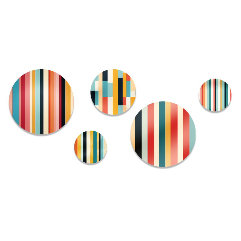 «Pastel Colors Midcentury Stripes» - Ensemble d'art mural abstrait rond moderne de 5