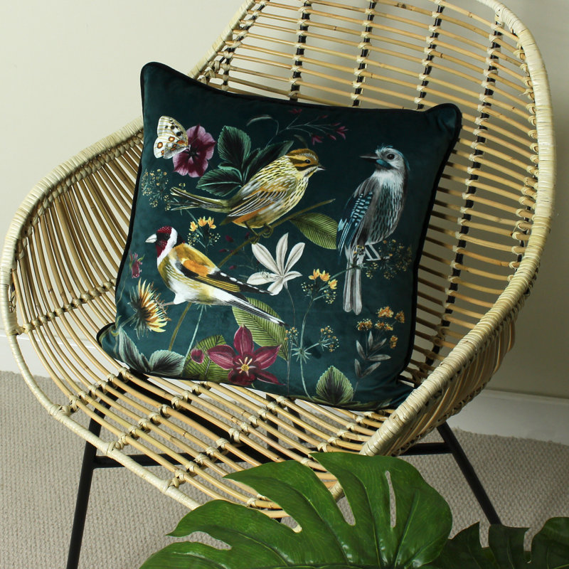 Midnight Garden Bird Velvet Piped Polyester Filled Cushion, Feathers