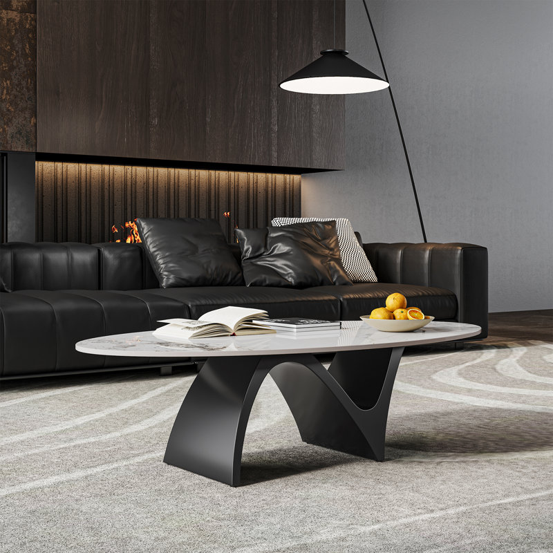 51.18" Modern Oval Coffee Table, Glossy Sintered Stone Table top, N-Shaped Carbon Steel Leg